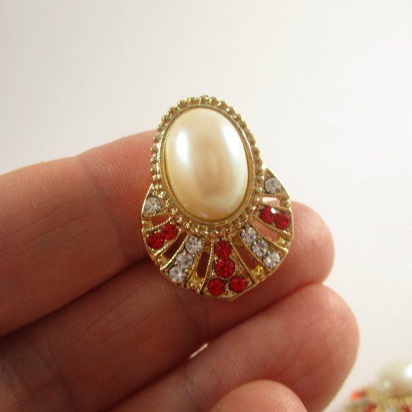 80s Glam VTG Clip On Rhinestone Red Gold Earrings - Picture 4 of 6